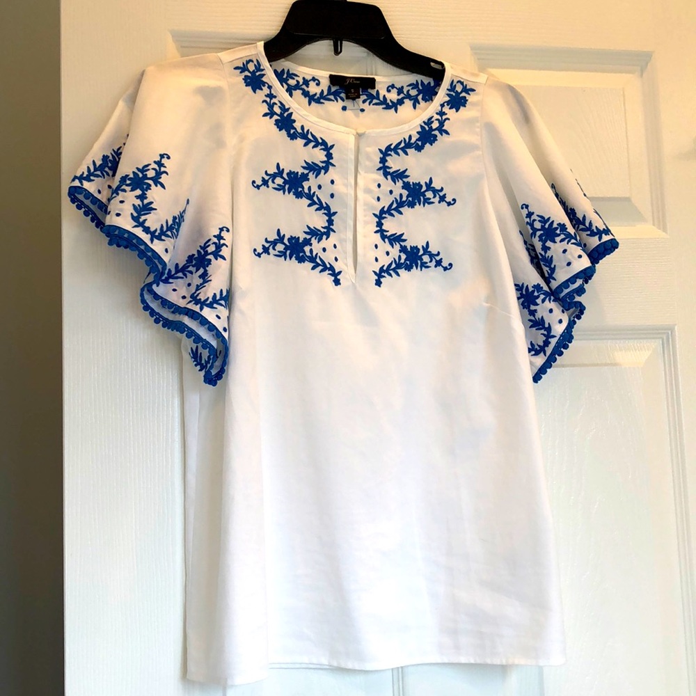 JCrew white top with blue embroidery. Size small